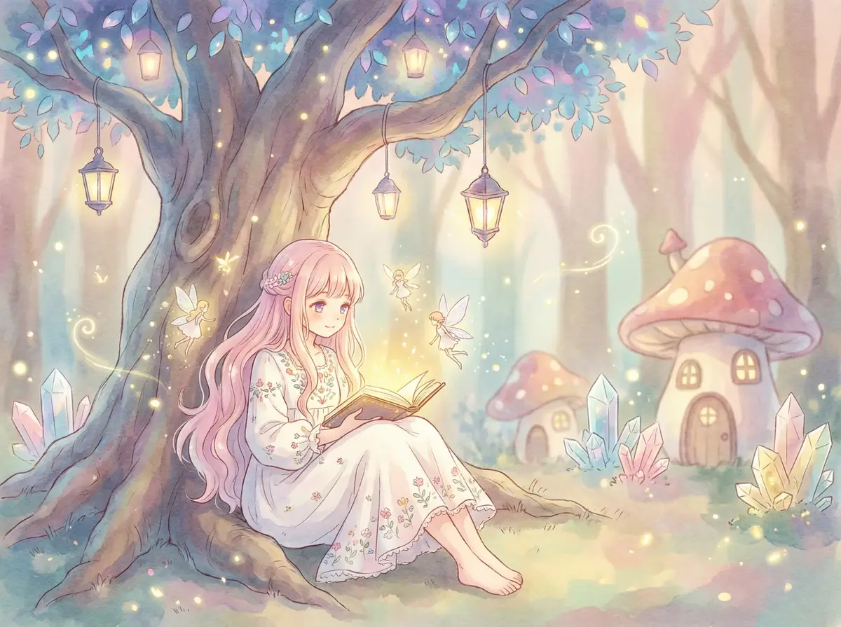 菠萝蜜播放视频 - 魔法森林中阅读故事书的粉发少女与精灵